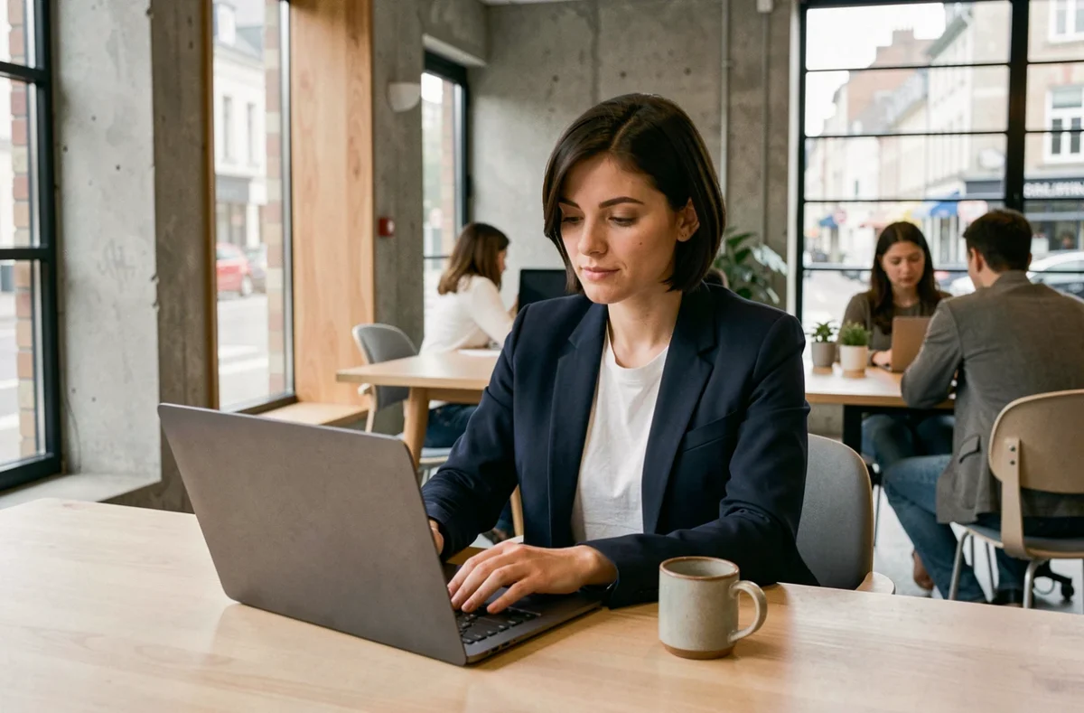 Femme travaillant dans un espace de coworking moderne à Lorient, assise à un bureau en bois avec un ordinateur portable et un café