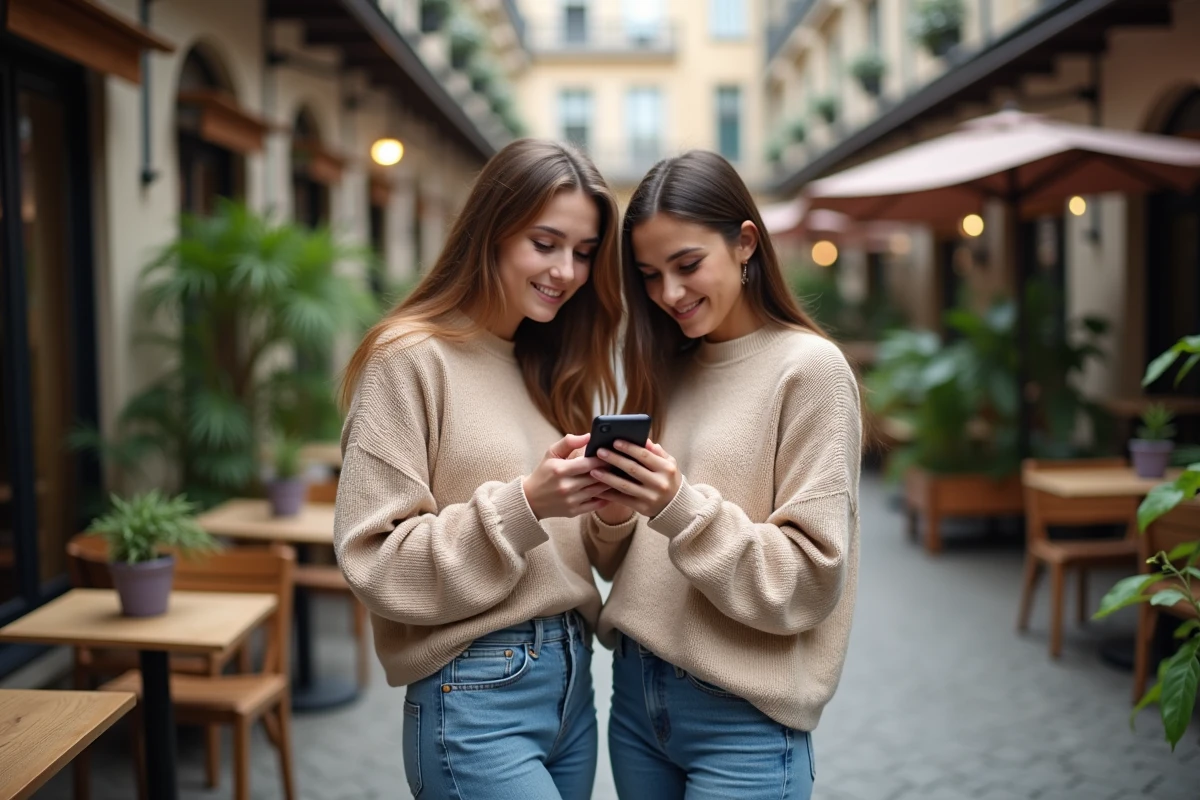 Jeune femme discutant avec un ami dans un café en plein air