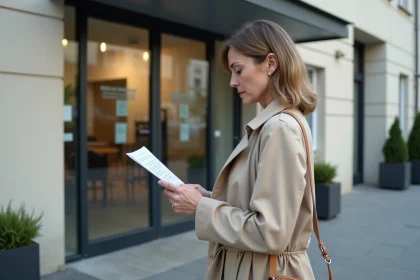 Femme consultant un document administratif devant le bâtiment du SGC Calais