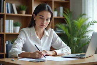 Femme entrepreneur remplissant des documents d'immatriculation au répertoire Sirene pour créer son entreprise
