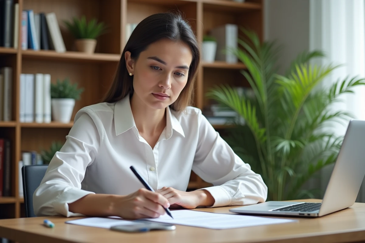 Femme entrepreneur remplissant des documents d'immatriculation au répertoire Sirene pour créer son entreprise
