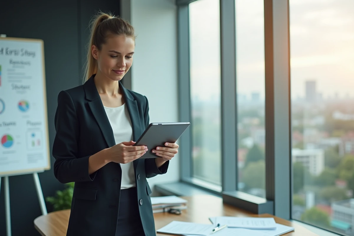 Jeune femme entrepreneure avec tablette près de fenêtre
