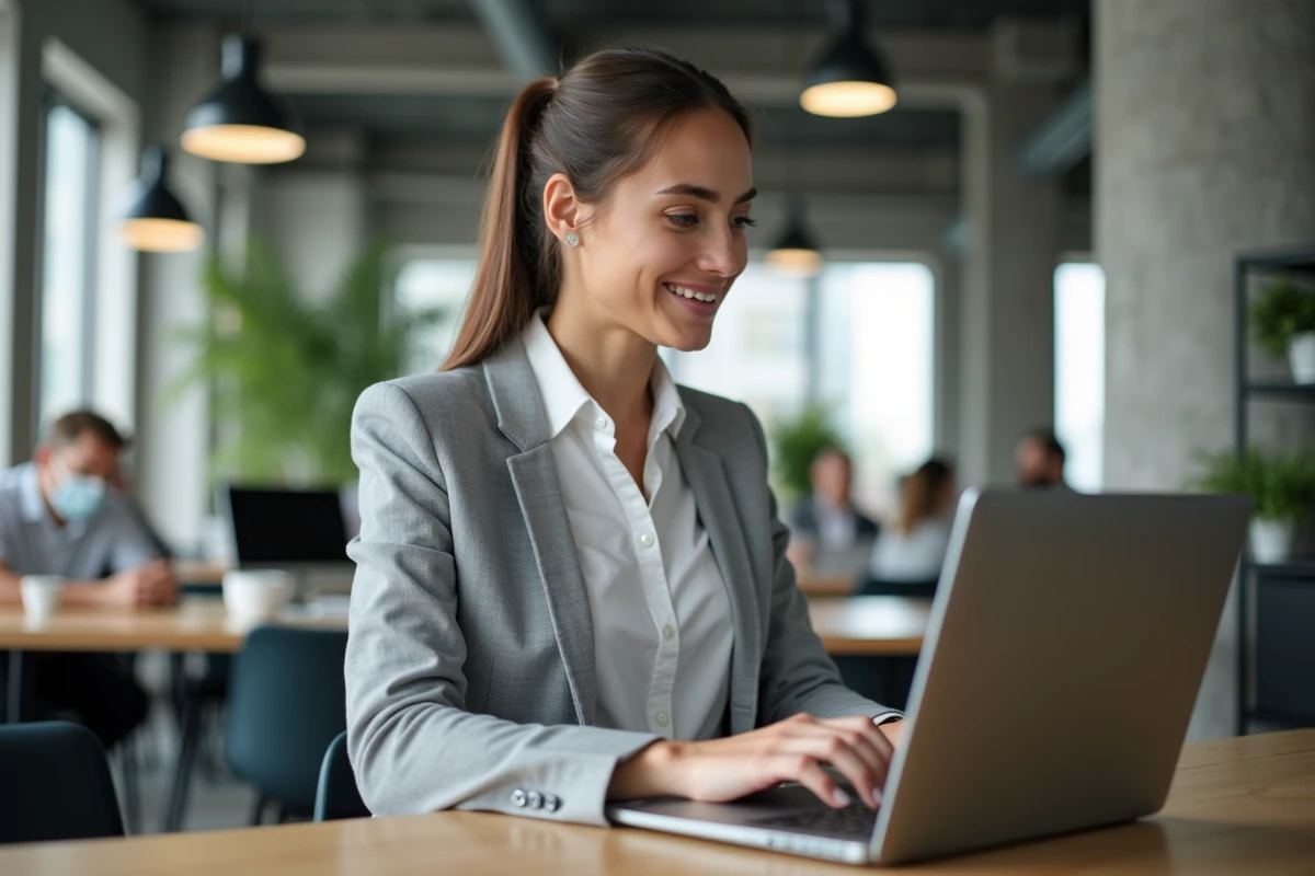 Femme entrepreneuse consultant un guide numérique de création d'entreprise dans un espace de coworking