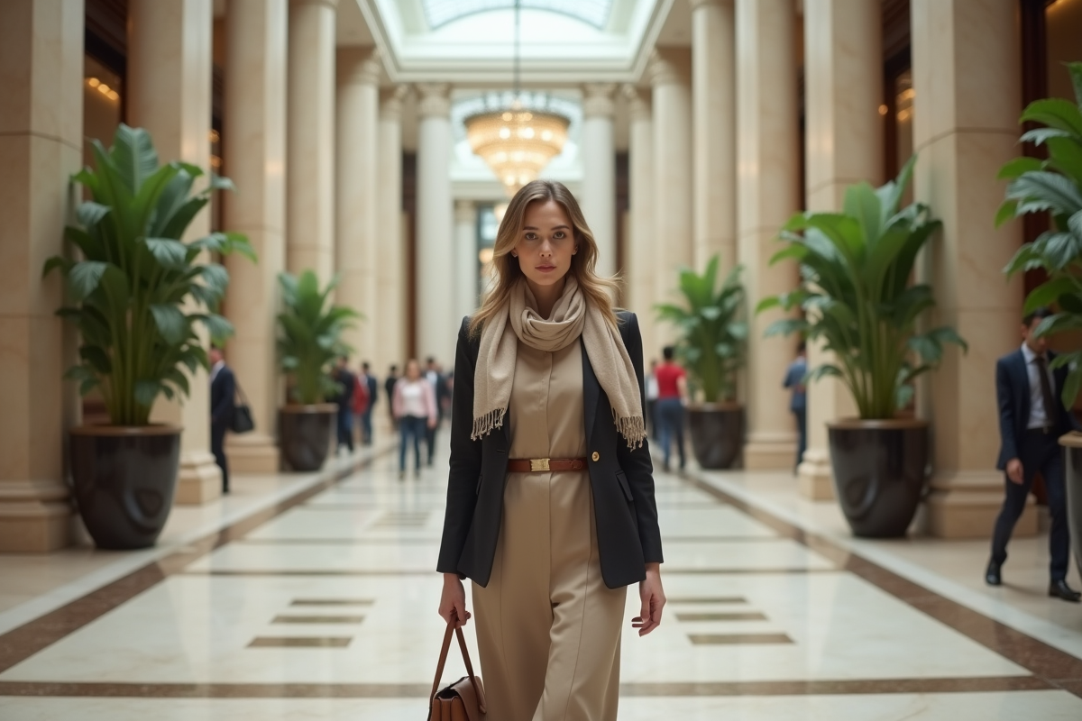 Femme cadre marchant dans un lobby moderne et élégant