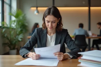 Femme en fin de CDD examinant son contrat de travail dans un bureau, illustration de la prime de précarité