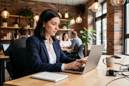 Femme freelance travaillant dans un espace de coworking moderne à Angers avec murs en briques apparentes