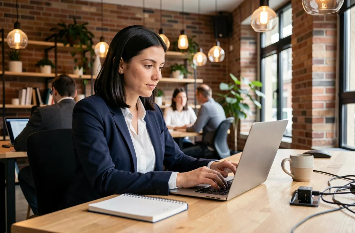 Femme freelance travaillant dans un espace de coworking moderne à Angers avec murs en briques apparentes