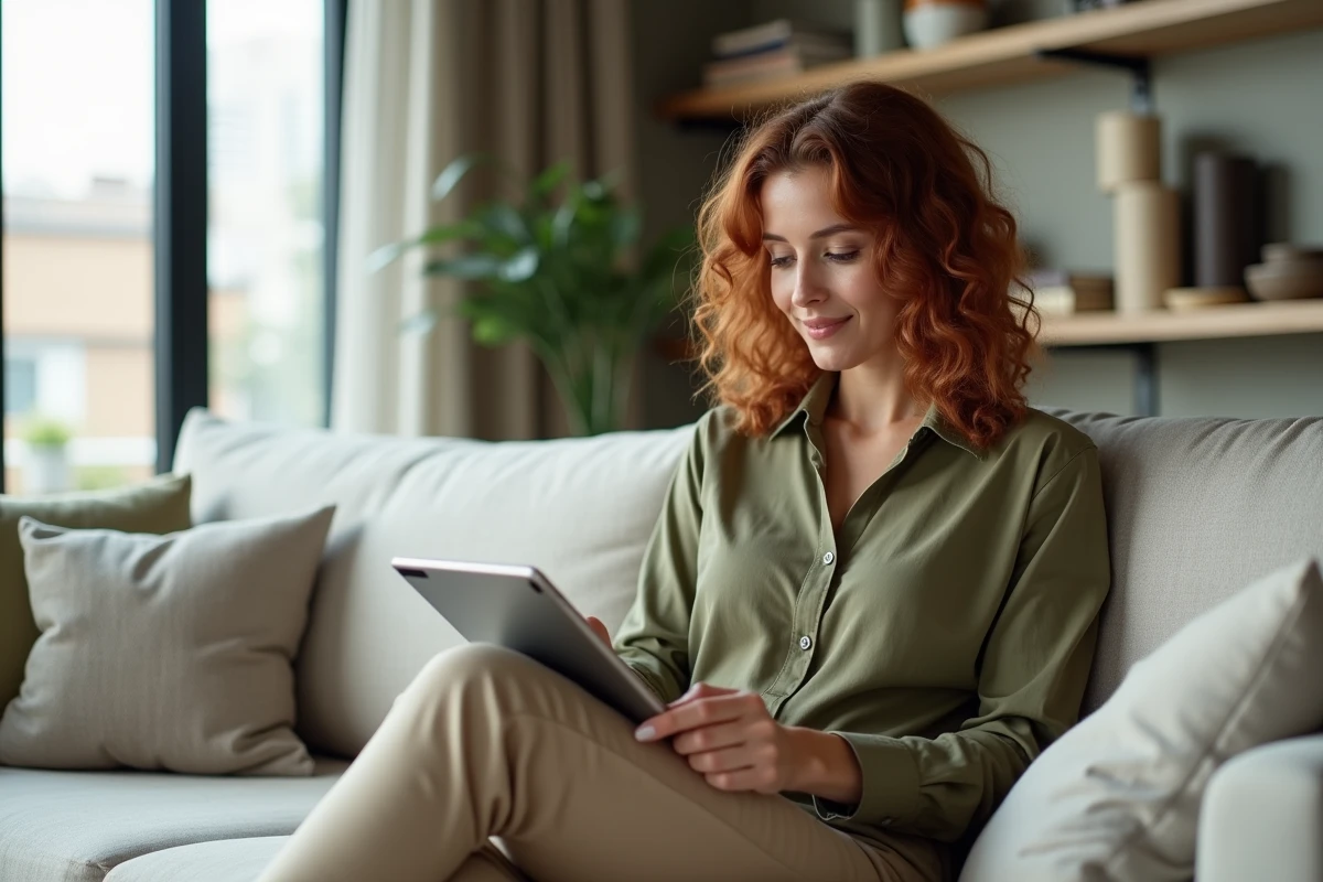 Femme freelance configurant un générateur de devis en ligne sur tablette depuis son salon dans un appartement moderne