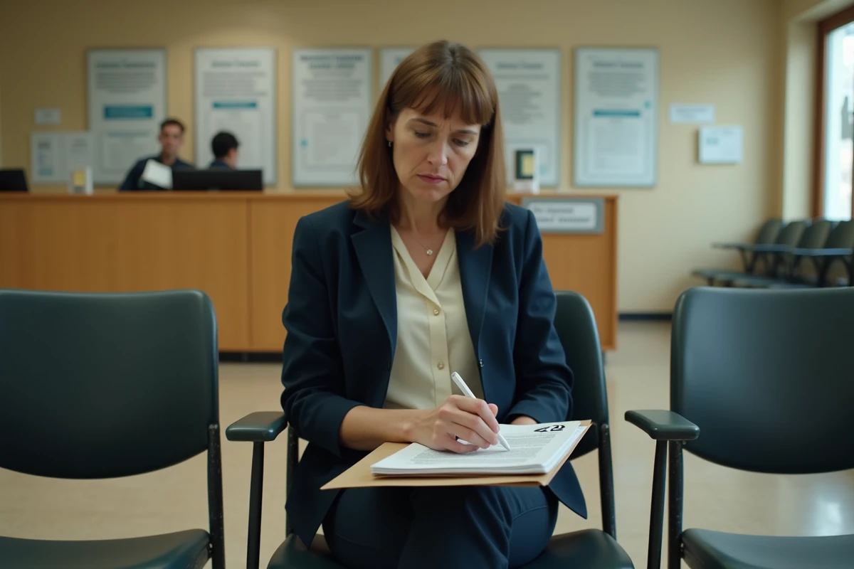 Femme inquiète dans une salle d'attente de Pôle Emploi avec des documents, illustrant les enjeux du chômage après une faute lourde