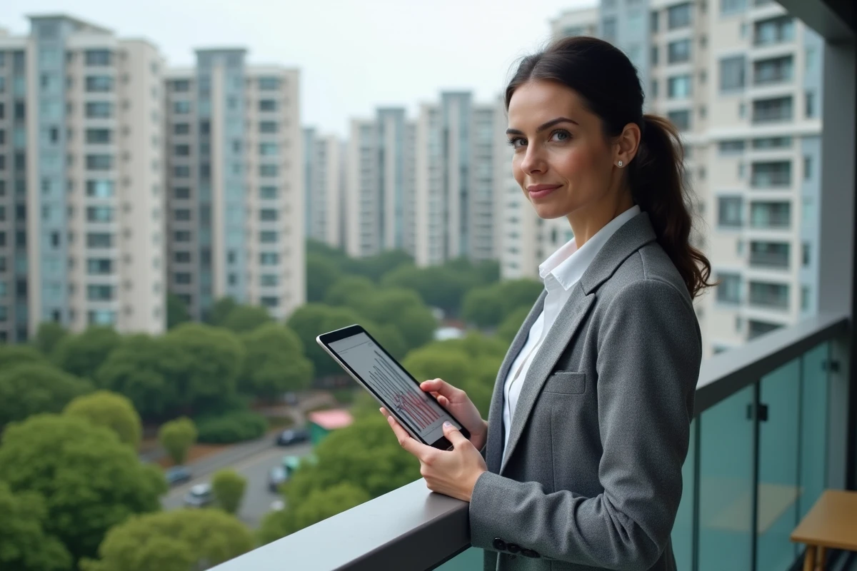 Femme investisseuse évaluant une opportunité immobilière locative depuis un balcon avec vue sur un quartier résidentiel