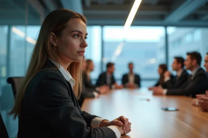 Femme isol&eacute;e dans un bureau moderne lors d'une r&eacute;union