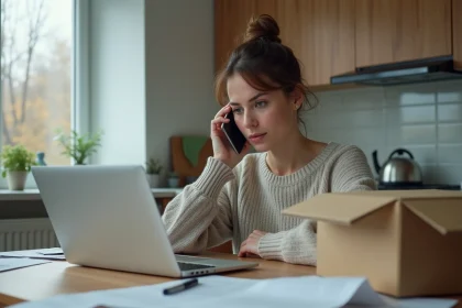 Femme au t&eacute;l&eacute;phone dans une cuisine moderne avec documents