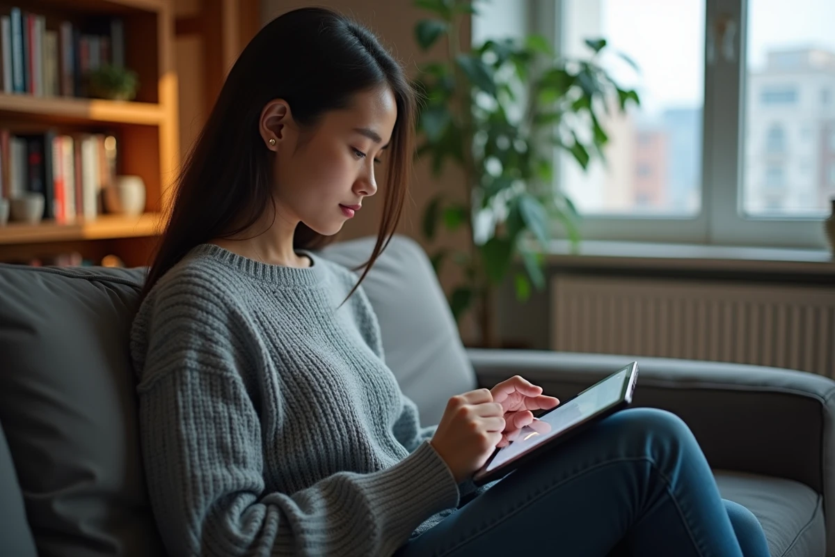 Jeune femme entrant un mot de passe sur une tablette à la maison