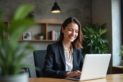 Femme professionnelle souriante travaillant sur son ordinateur dans un bureau moderne