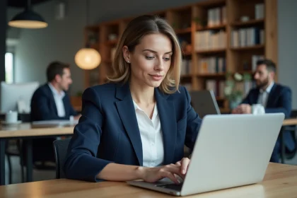 Professionnelle relisant son profil LinkedIn avec mise en forme gras et emojis sur un ordinateur portable dans un bureau moderne
