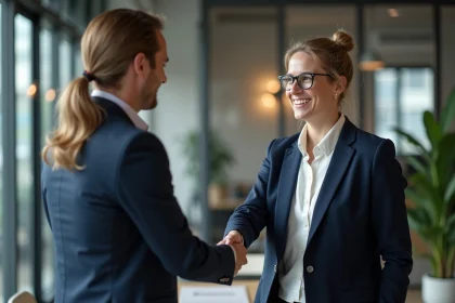 Femme professionnelle serrant la main d'un homme dans un espace de coworking