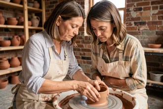 Femme en reconversion professionnelle apprenant la poterie dans un atelier d'artisanat