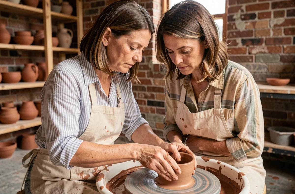 Femme en reconversion professionnelle apprenant la poterie dans un atelier d'artisanat