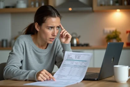 Femme inquiète examinant un relevé bancaire à domicile, cherchant à identifier un prélèvement inconnu intitulé Imprimerie nationale