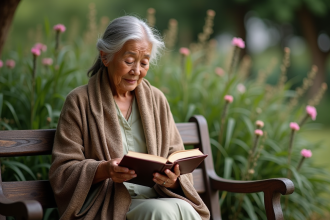Femme âgée lisant dans un jardin paisible