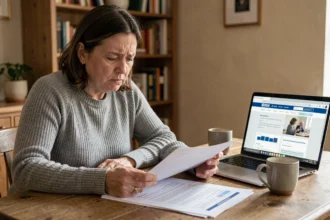 Femme de 40 ans stressée qui examine des documents liés au CSP et à l'allocation chômage sur une table de cuisine