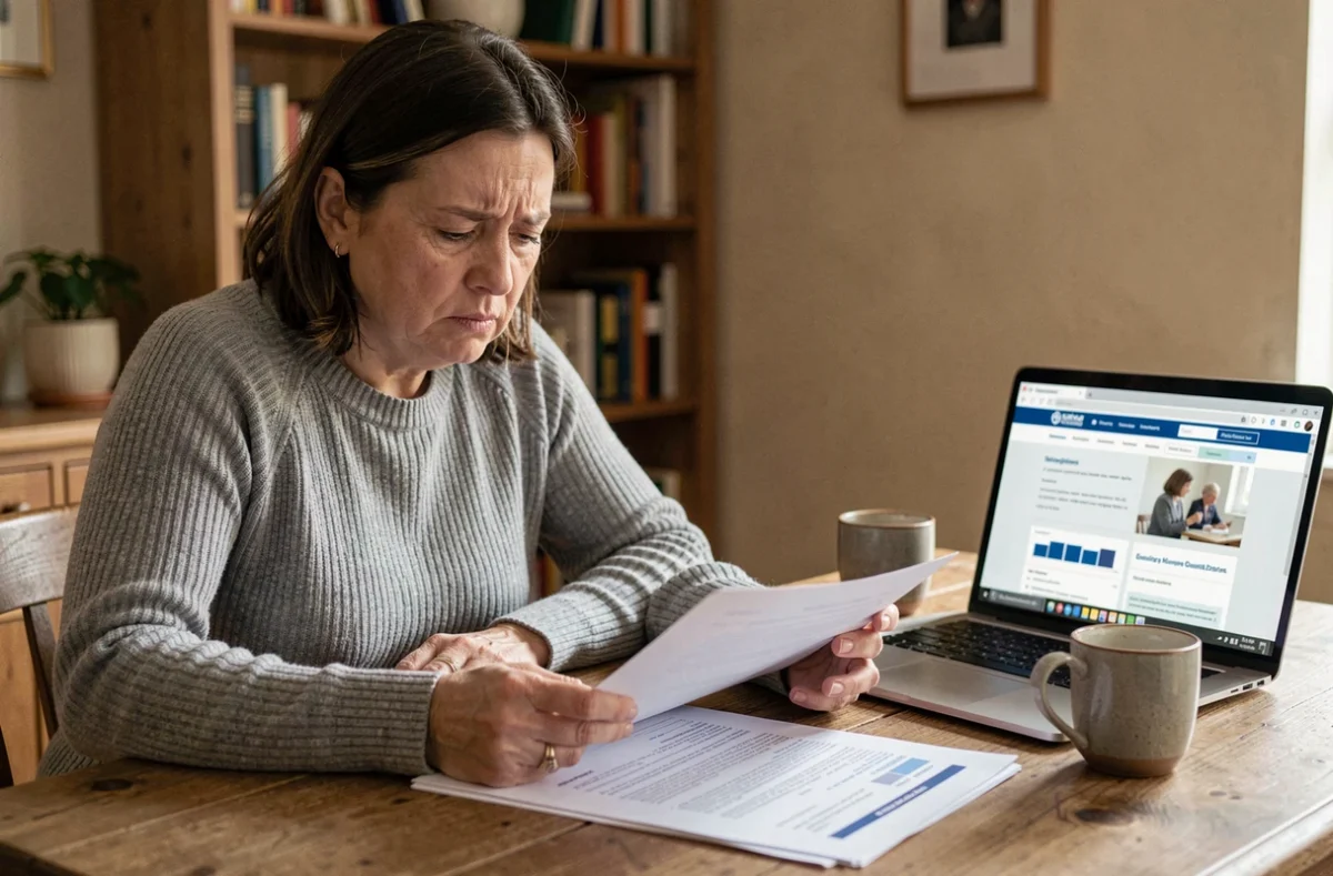 Femme de 40 ans stressée qui examine des documents liés au CSP et à l'allocation chômage sur une table de cuisine