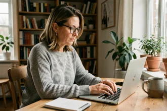 Femme en télétravail à son bureau en bois avec un ordinateur portable et un agenda, dans un intérieur chaleureux style scandinave