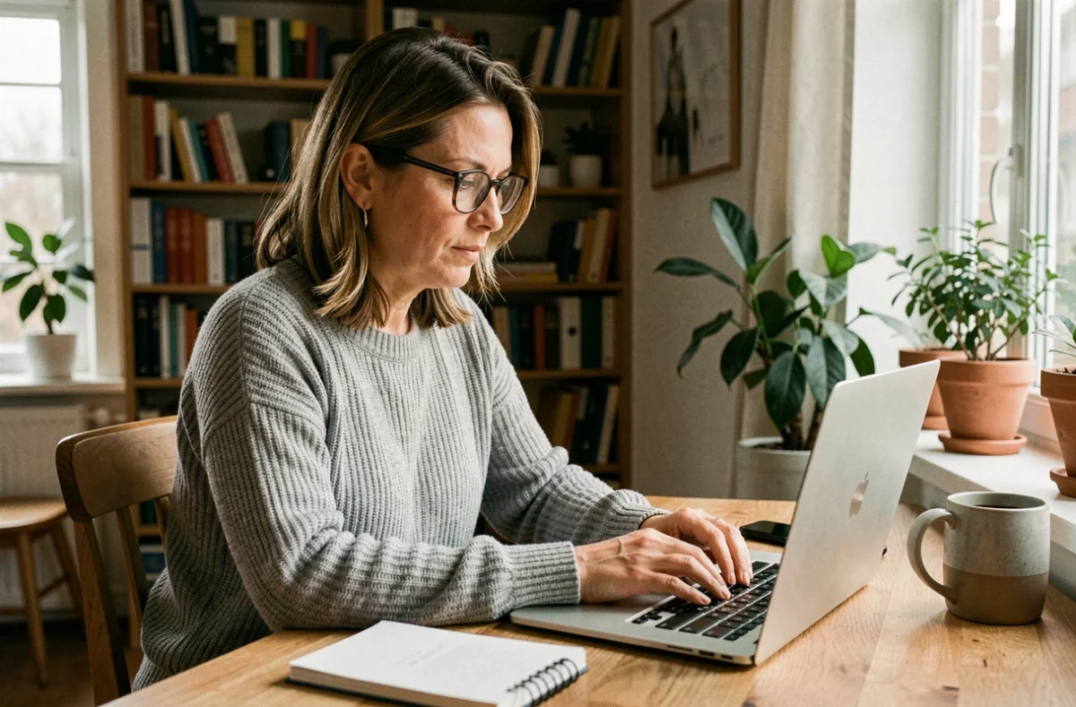 Femme en télétravail à son bureau en bois avec un ordinateur portable et un agenda, dans un intérieur chaleureux style scandinave