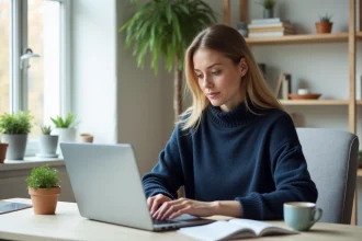 Femme en télétravail à son bureau home office organisé pour un complément de revenu