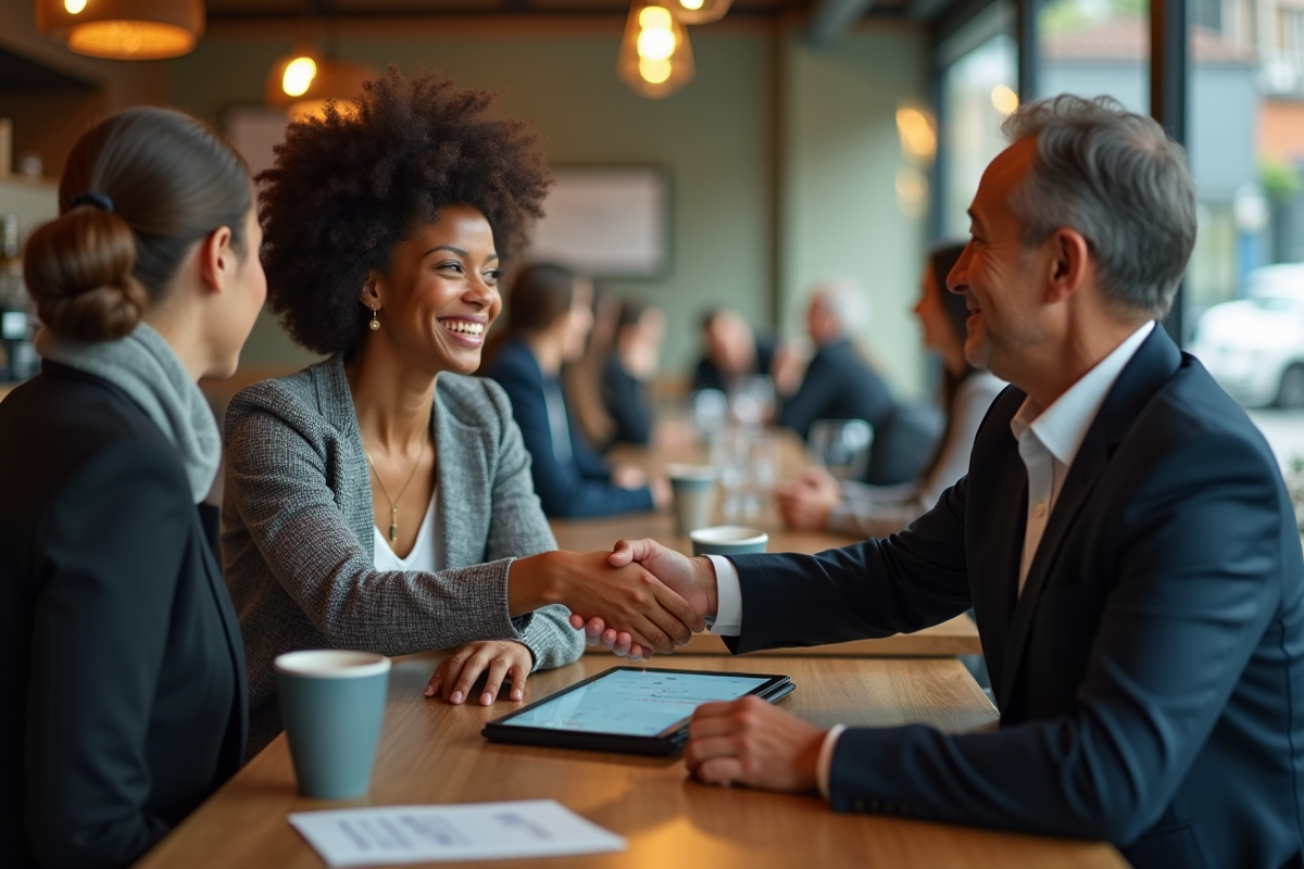 Femme échangeant une transaction crypto au café