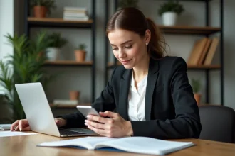 Femme professionnelle utilisant son smartphone pour suivre ses transactions