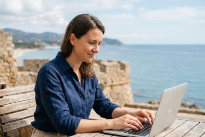Femme en terrasse au bord de la mer travaillant sur son ordinateur