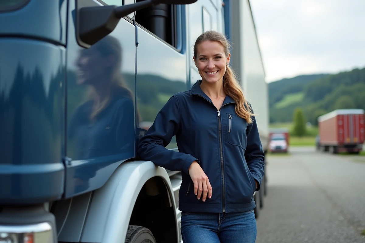 Femme conductrice de camion posant &agrave; c&ocirc;t&eacute; d