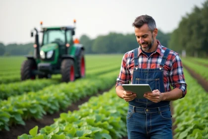 Fermeur en champs verdoyants inspectant une tablette