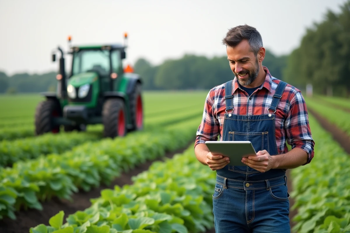 Fermeur en champs verdoyants inspectant une tablette