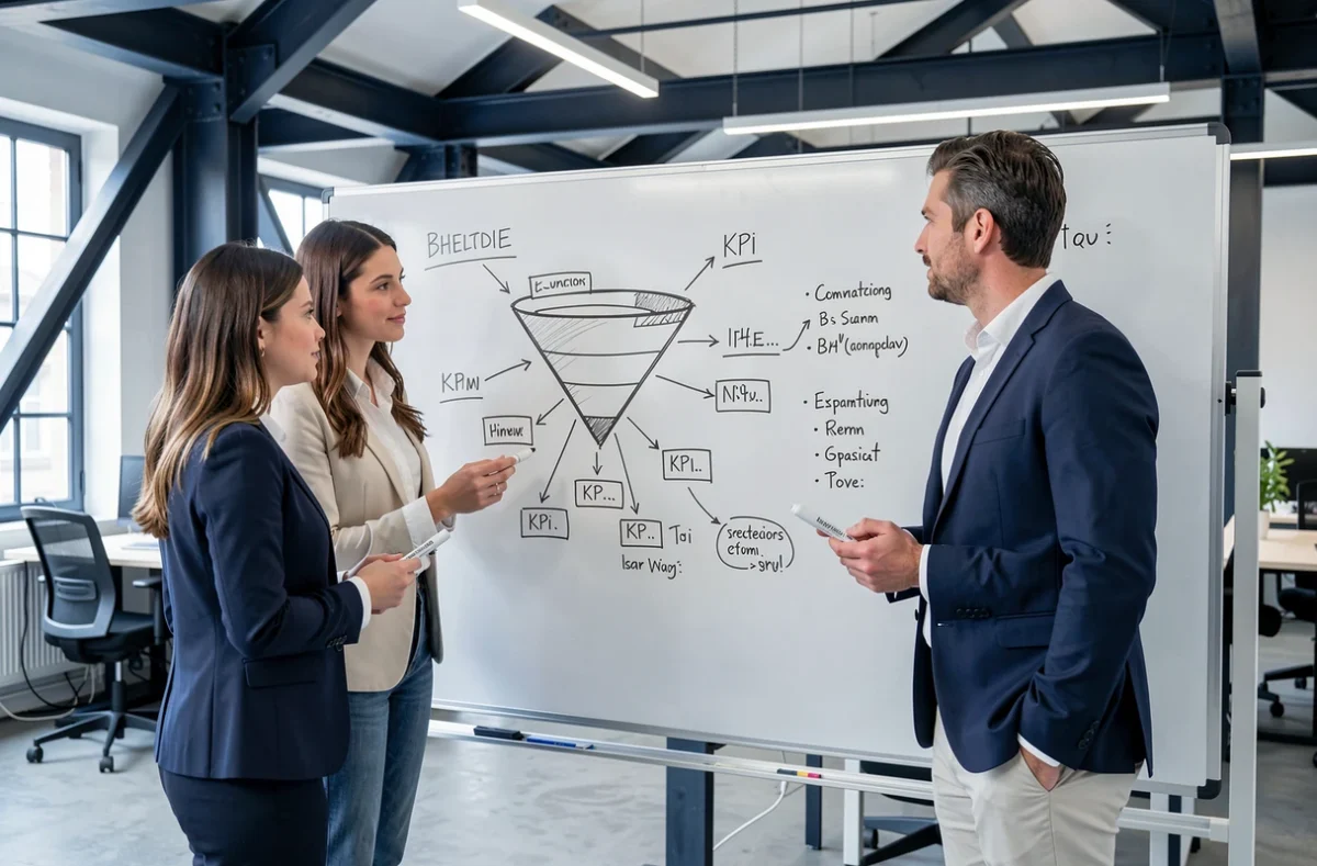 Équipe de stratégie digitale en Bretagne collaborant devant un tableau blanc couvert de schémas marketing