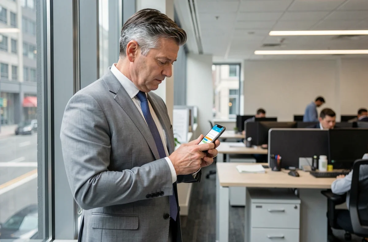 Manager debout près d'une fenêtre de bureau consultant un calendrier surchargé sur smartphone, illustration forfait jours dépassé