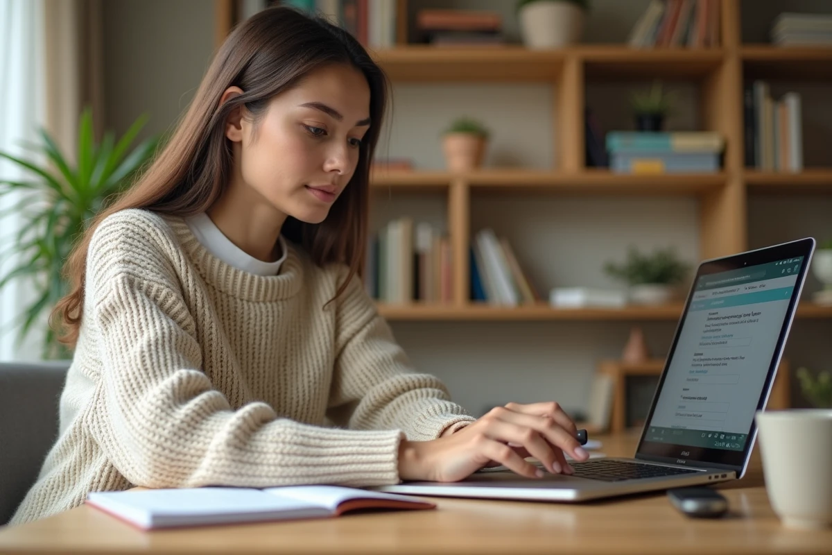 Jeune femme concentrée suivant une formation en ligne sur son ordinateur portable dans un bureau à domicile chaleureux