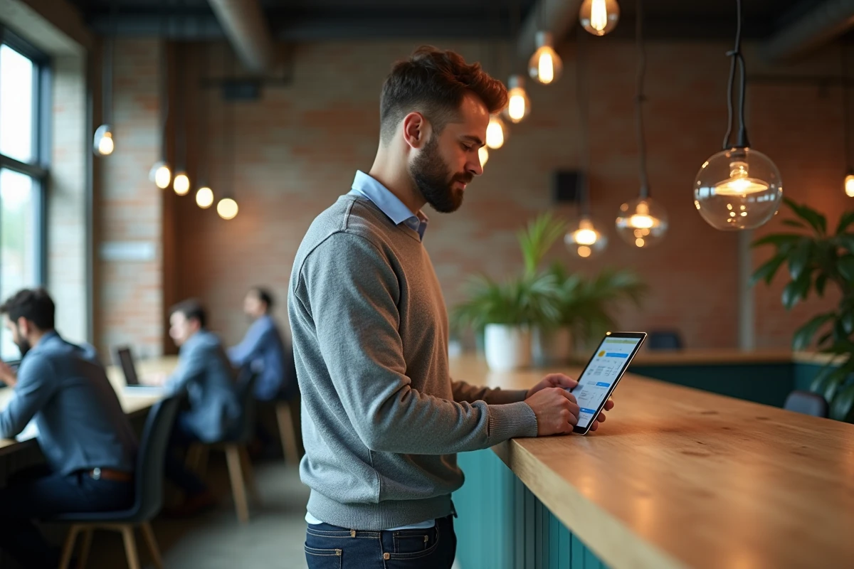 Freelance masculin consultant une plateforme de comparaison d'assurances pour indépendants dans un espace de coworking