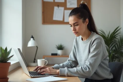Jeune femme freelance débutante configurant un générateur de devis sur son ordinateur portable dans un bureau à domicile