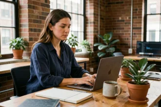 Freelance du digital en portage salarial travaillant sur son ordinateur portable dans un espace de coworking moderne