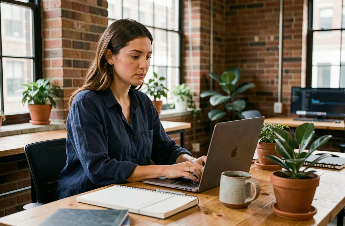 Freelance du digital en portage salarial travaillant sur son ordinateur portable dans un espace de coworking moderne