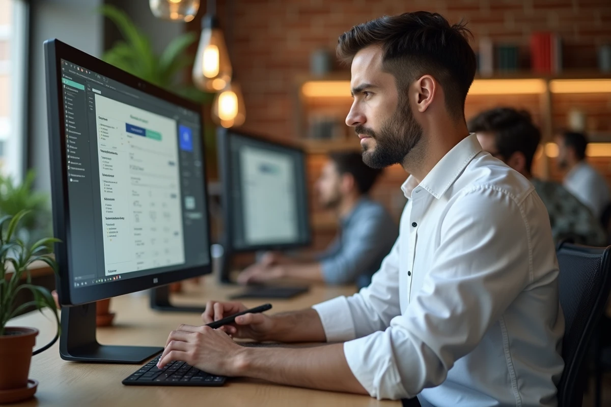 Freelance masculin en espace de coworking paramétrant un modèle de devis professionnel sur écran d'ordinateur