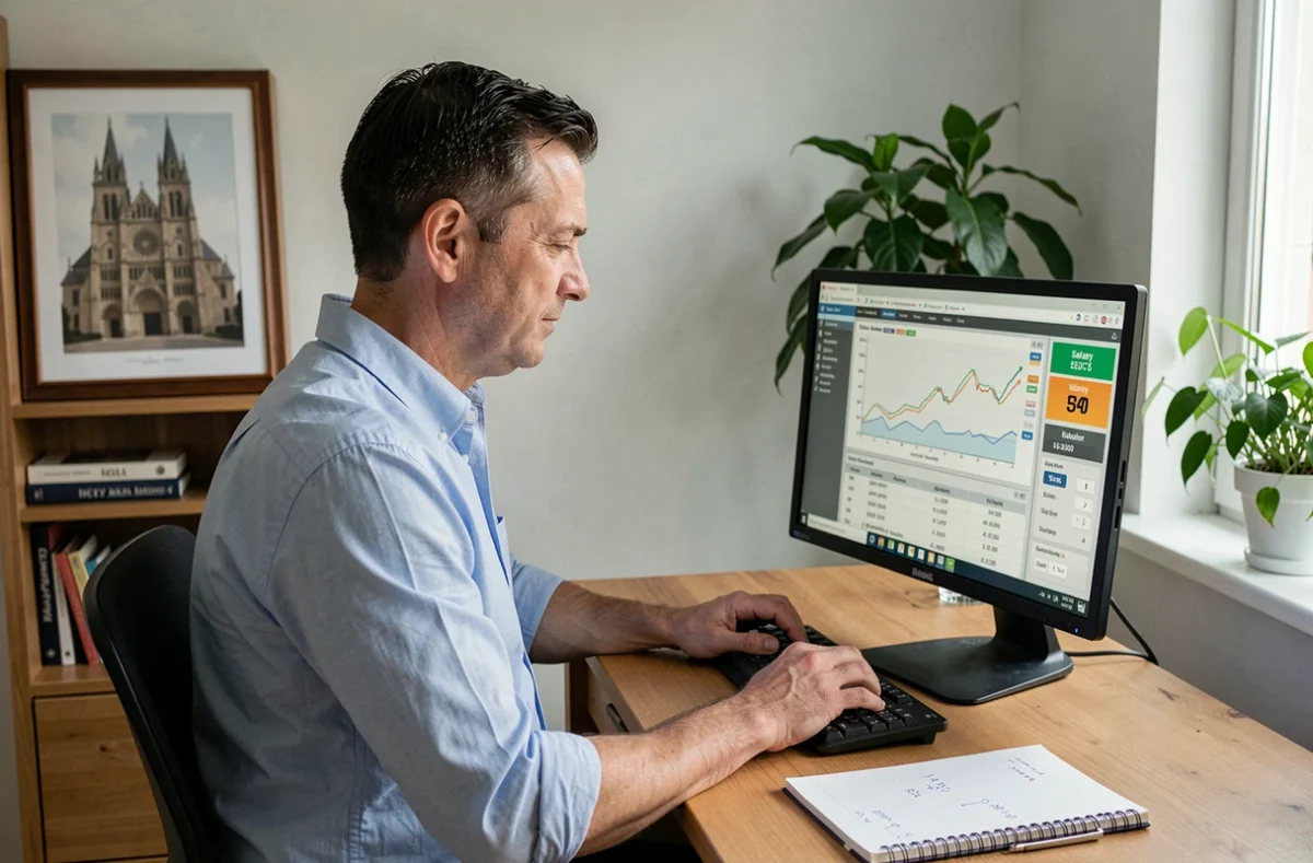 Freelance en télétravail simulant les frais de son contrat de portage salarial depuis son bureau à domicile à Rouen