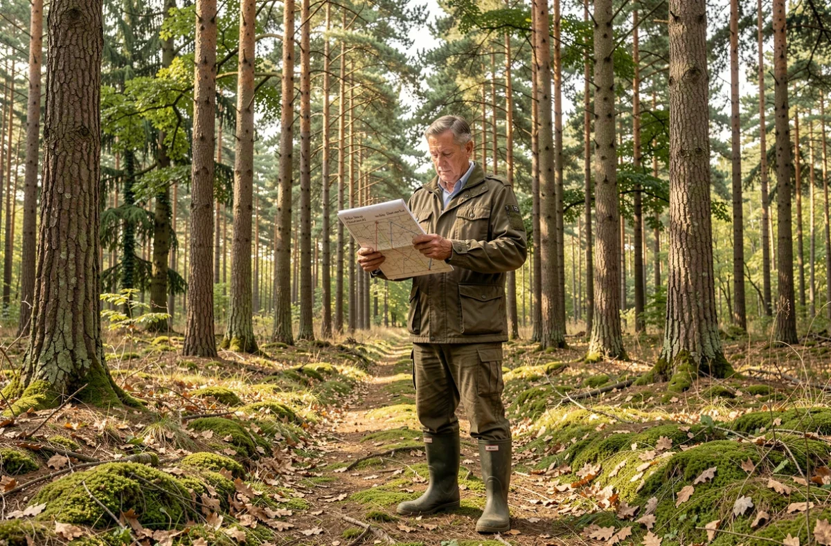 Gestionnaire forestier sur le terrain évaluant une parcelle boisée dans le cadre d'un projet SILVAE