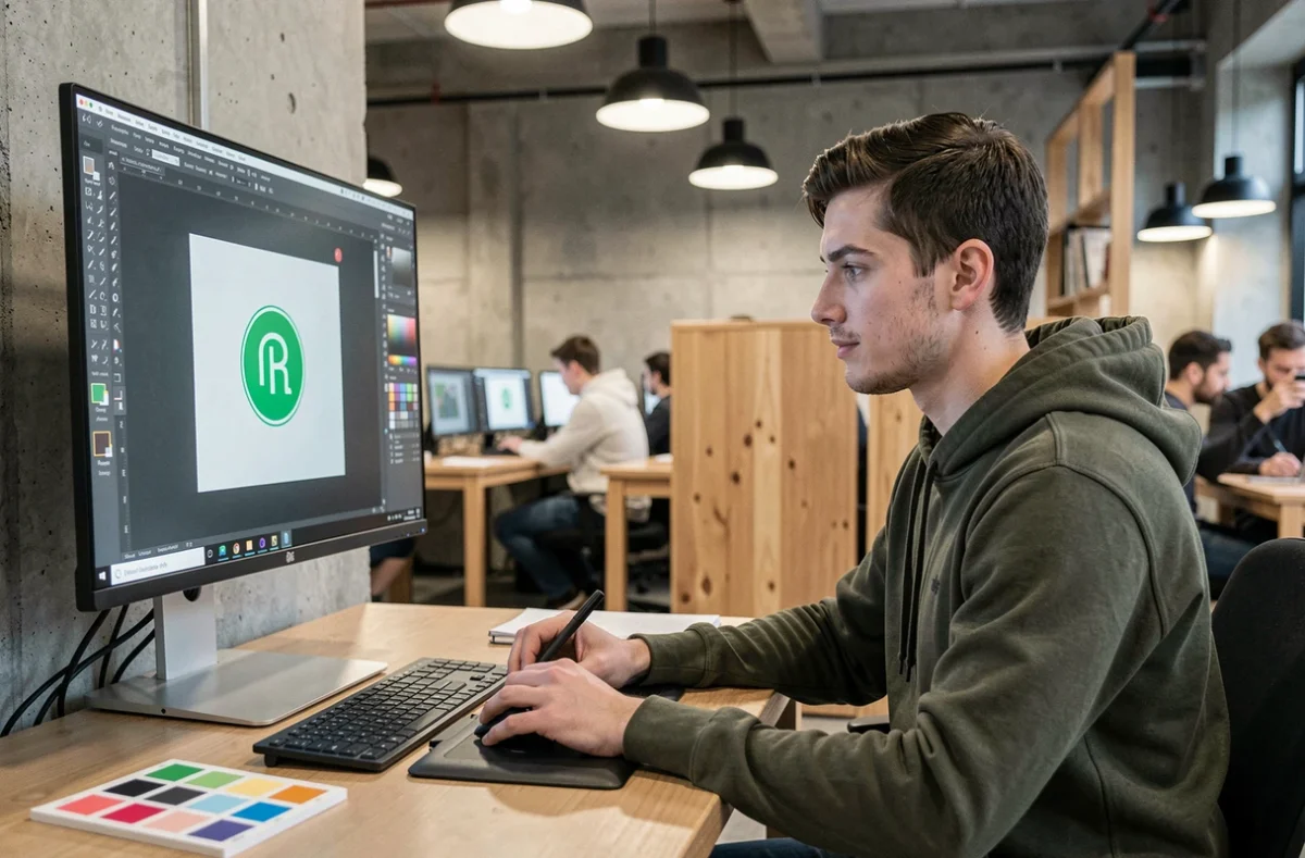 Jeune graphiste modifiant un logo vectoriel vert dans un logiciel de design sur un grand écran dans un espace de coworking