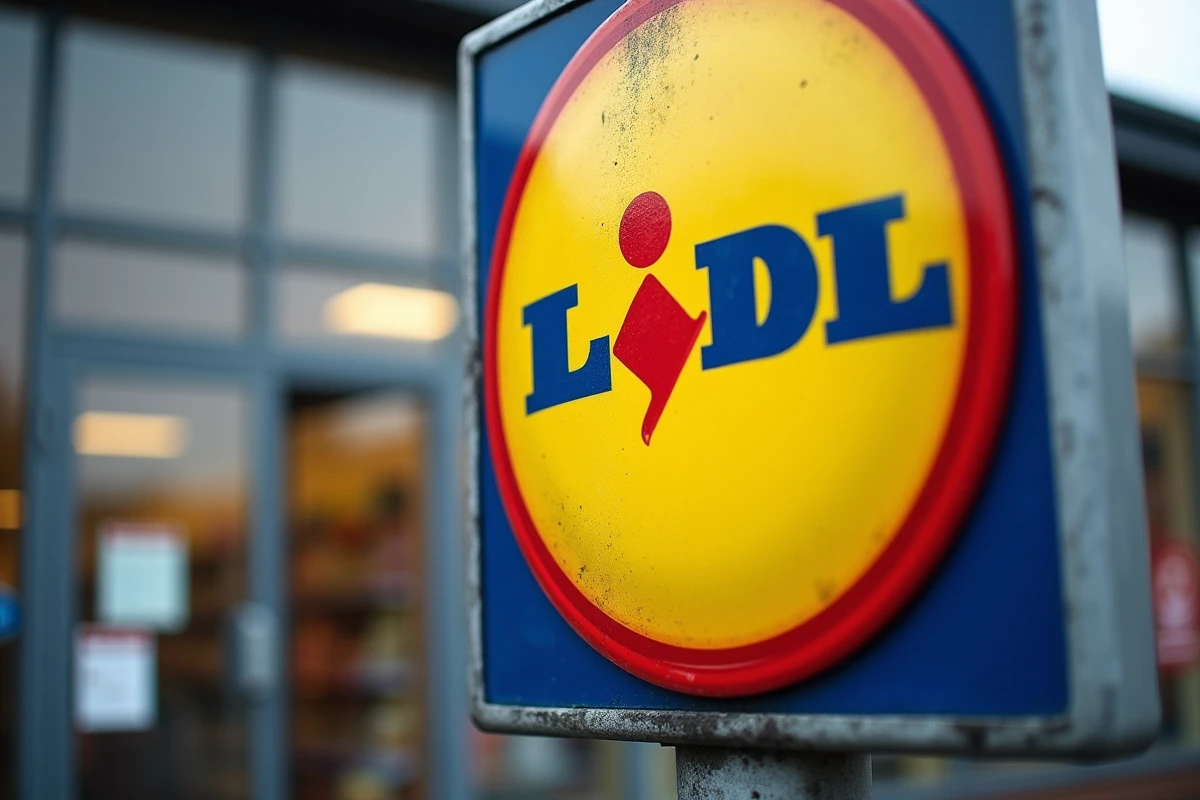 Gros plan sur le logo Lidl avec ses couleurs rouge jaune et bleu et la typographie blanche caractéristique de l'enseigne