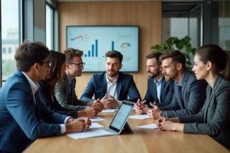 Groupe de professionnels divers en réunion avec tablette