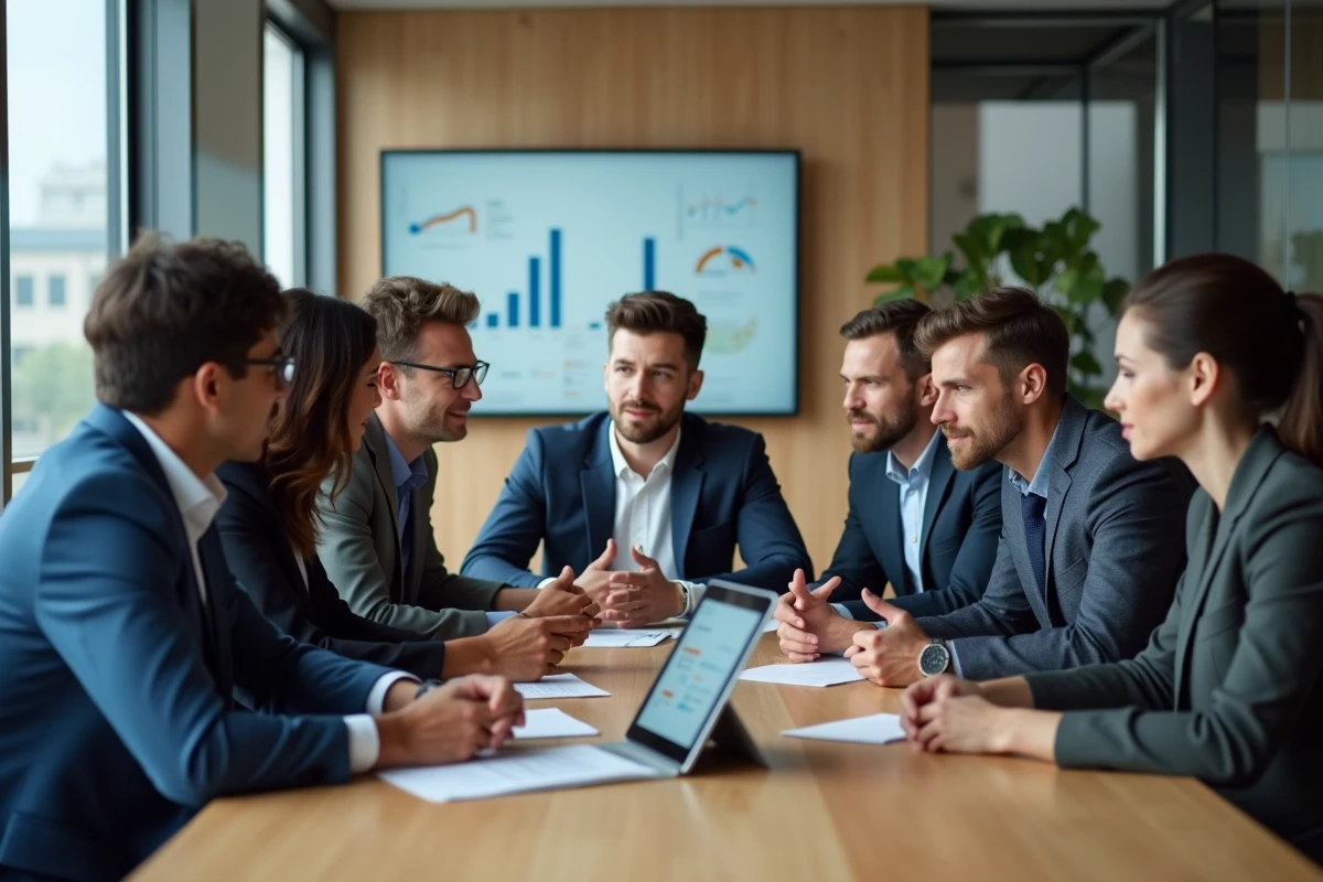 Groupe de professionnels divers en réunion avec tablette