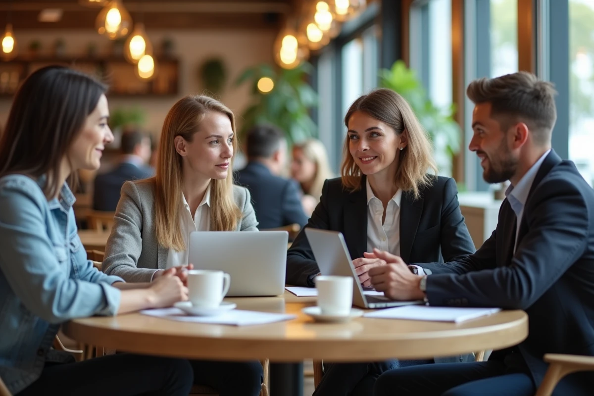 Un groupe d'entrepreneurs TPE en réunion informelle de networking autour d'une table dans un café moderne